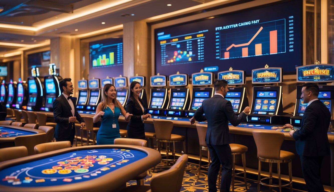 Suasana kasino langsung dengan meja permainan, dealer profesional, dan pemain yang antusias di lingkungan yang mewah dan aman.