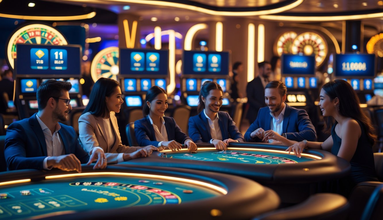 Suasana kasino langsung dengan beberapa orang bermain di meja permainan dan layar digital di latar belakang.