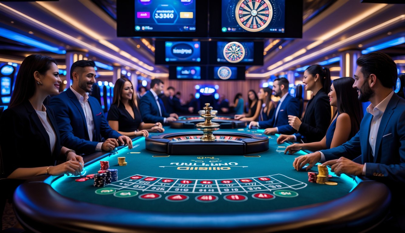Suasana kasino langsung dengan meja permainan modern, pemain dan dealer sedang bermain dengan fokus di lingkungan yang terang dan dinamis.