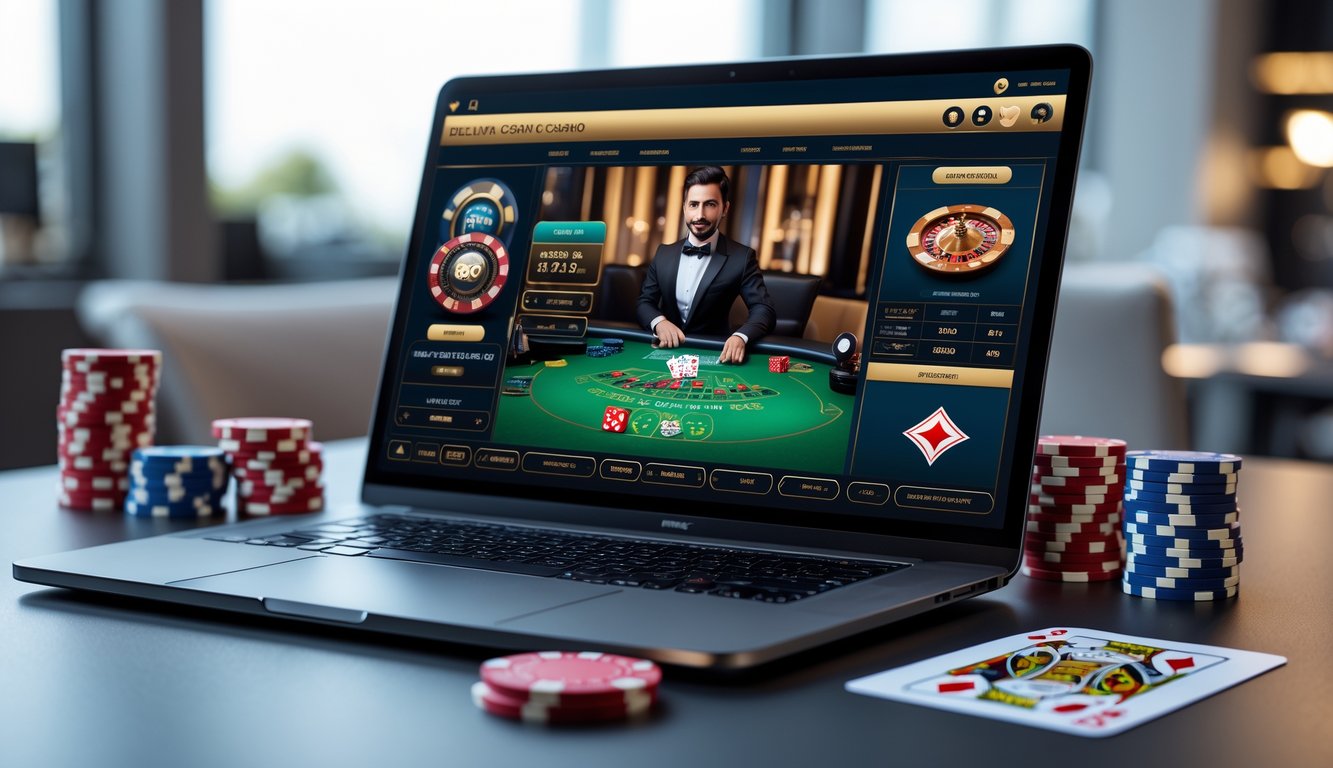 Laptop di meja kerja menampilkan permainan kasino langsung dengan dealer nyata, dikelilingi chip poker dan kartu remi.