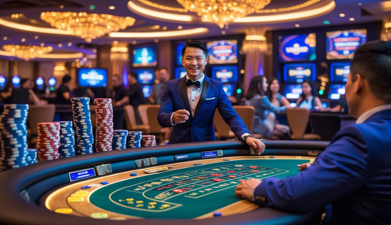 Suasana kasino langsung dengan dealer dan pemain yang antusias di meja permainan, menampilkan tumpukan chip dan layar digital di latar belakang.