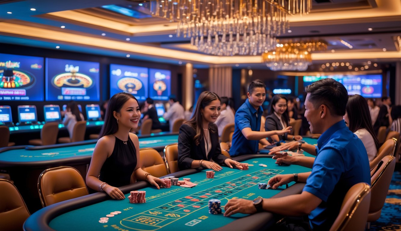 Suasana kasino langsung yang modern dengan pemain dan dealer berinteraksi di meja permainan digital.