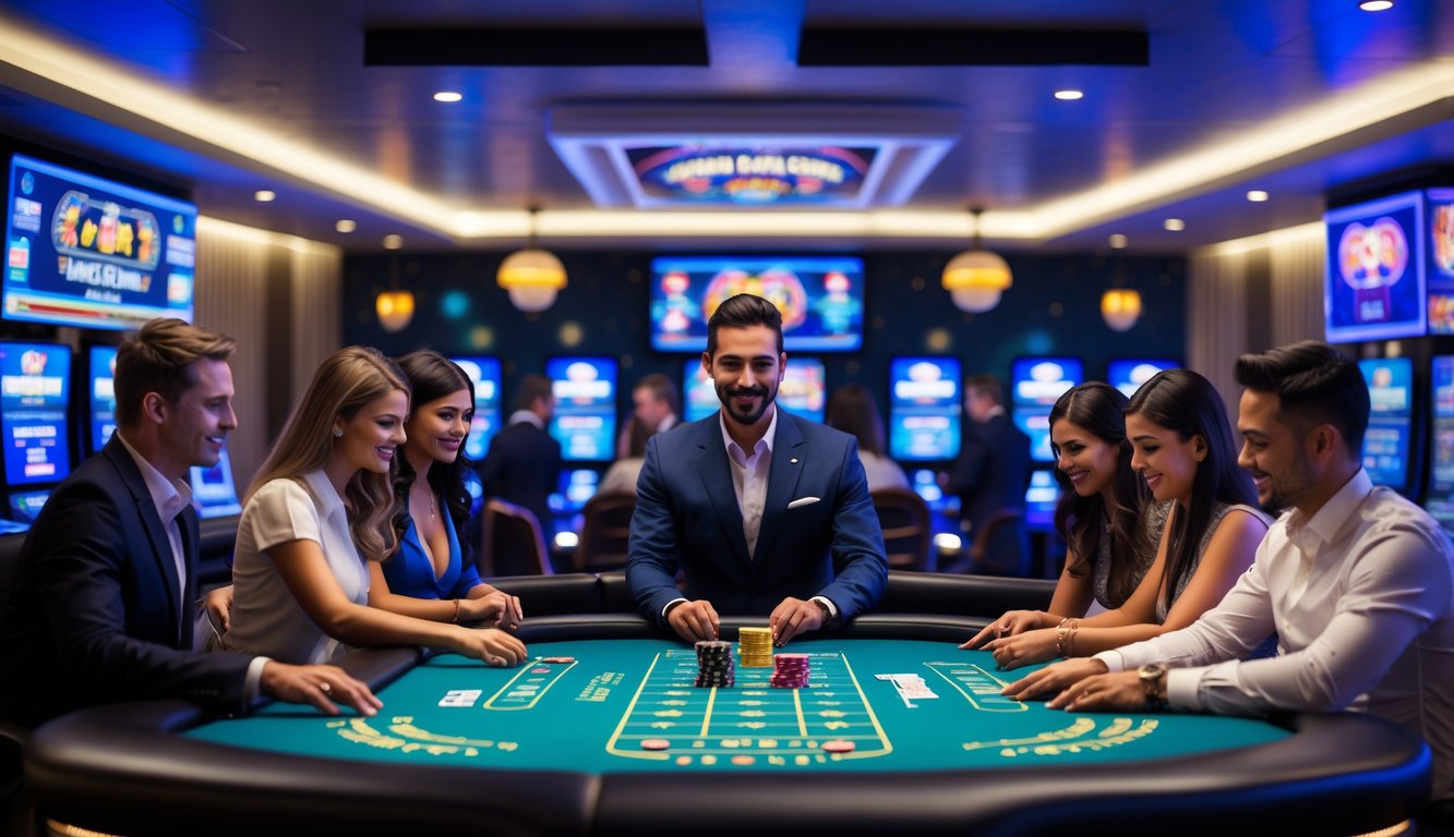 Suasana kasino langsung dengan dealer profesional dan pemain yang bermain game kasino di meja yang modern dan aman.