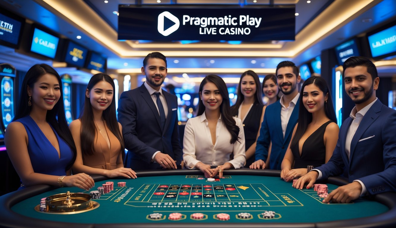 Suasana kasino langsung dengan pemain dan dealer di meja permainan yang modern dan aman.