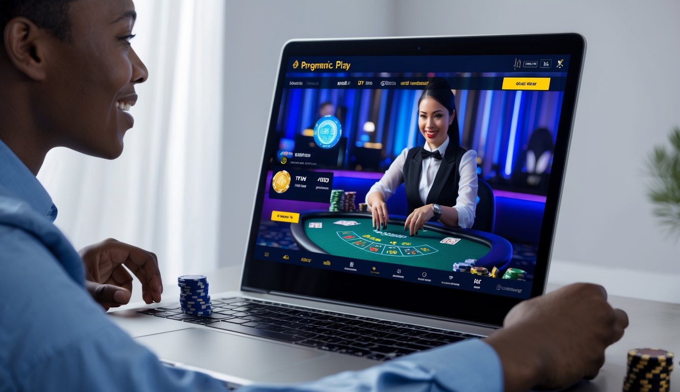 Seorang pemain pemula sedang bermain permainan kasino langsung Pragmatic Play di laptop di sebuah ruangan modern.