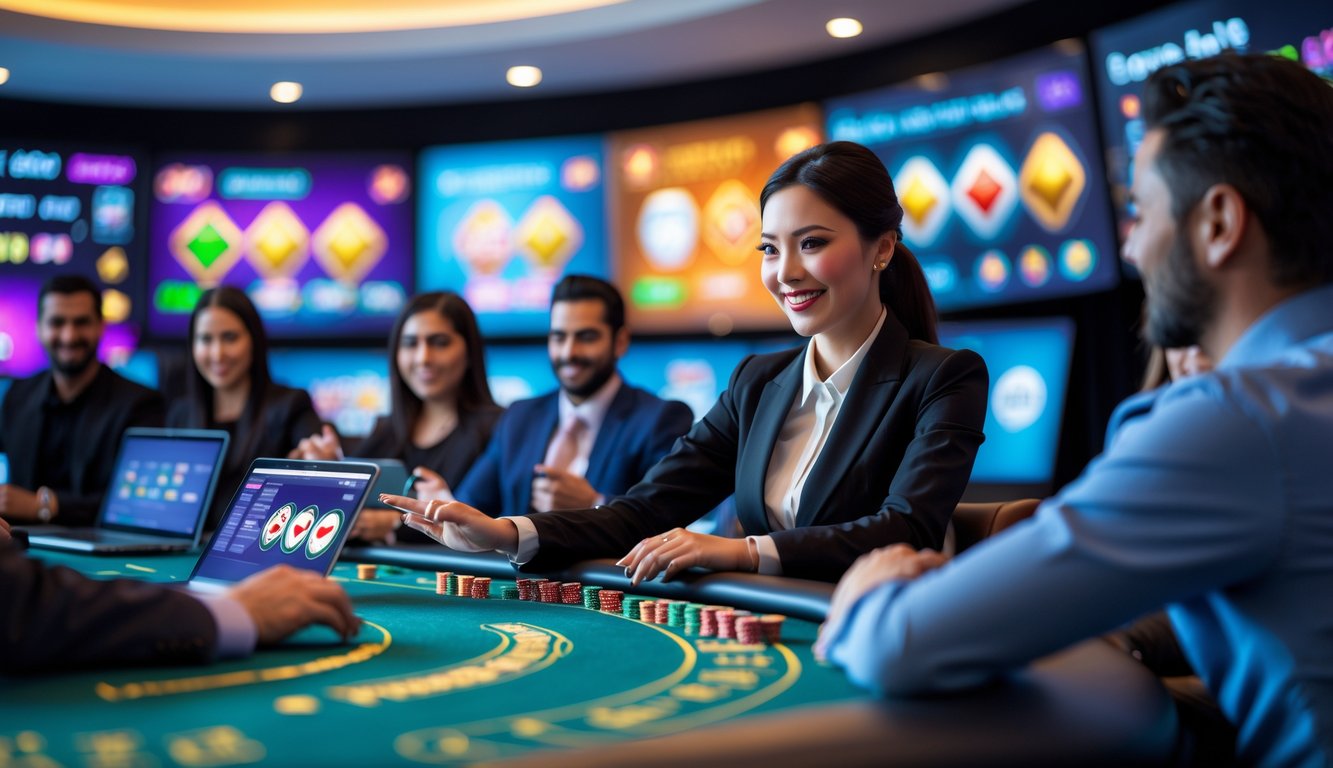 Seorang dealer kasino langsung tersenyum di meja kasino modern dengan pemain yang menggunakan laptop dan ponsel, menunjukkan suasana permainan kasino online yang interaktif.