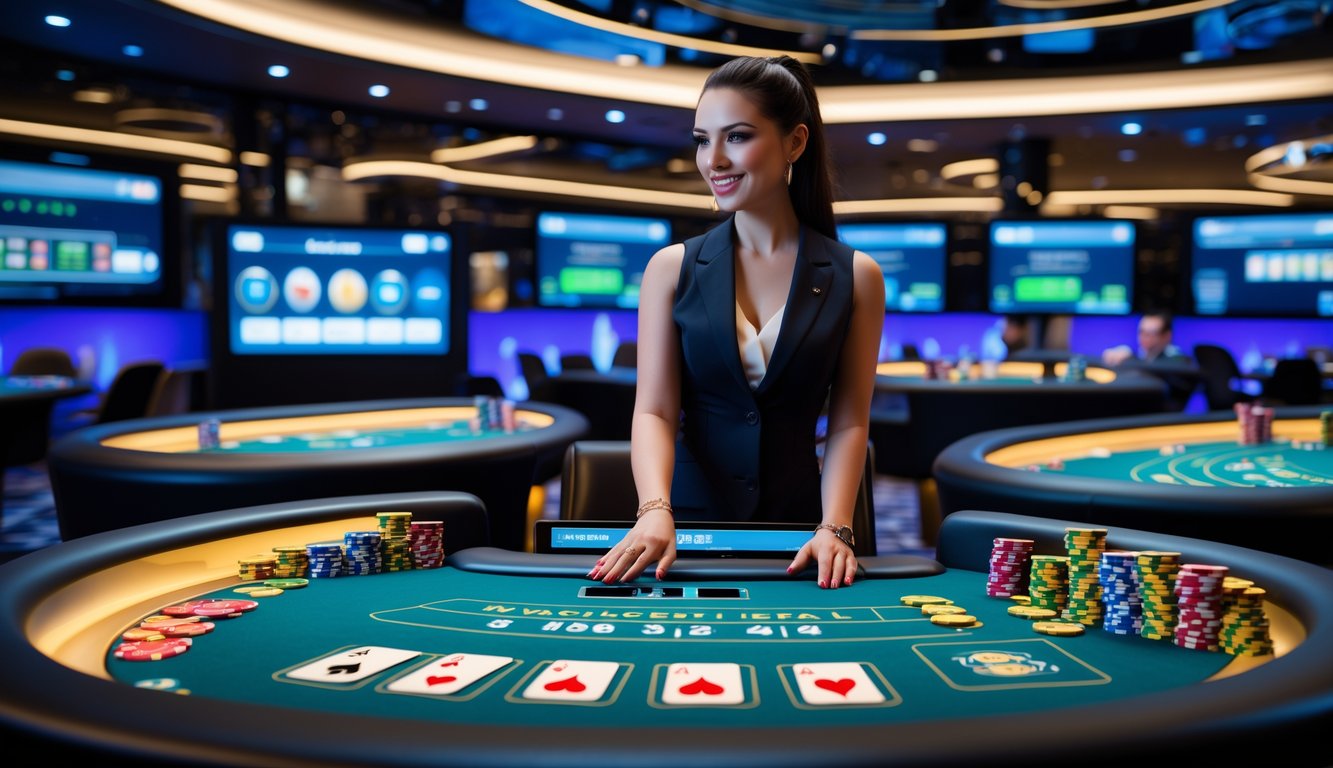 Seorang dealer profesional di studio kasino langsung modern dengan meja permainan dan layar interaktif.