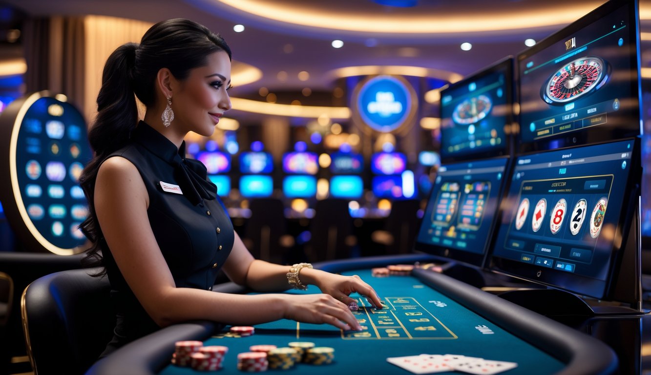 Seorang dealer profesional di meja kasino modern dengan layar dan fitur interaktif di latar belakang.