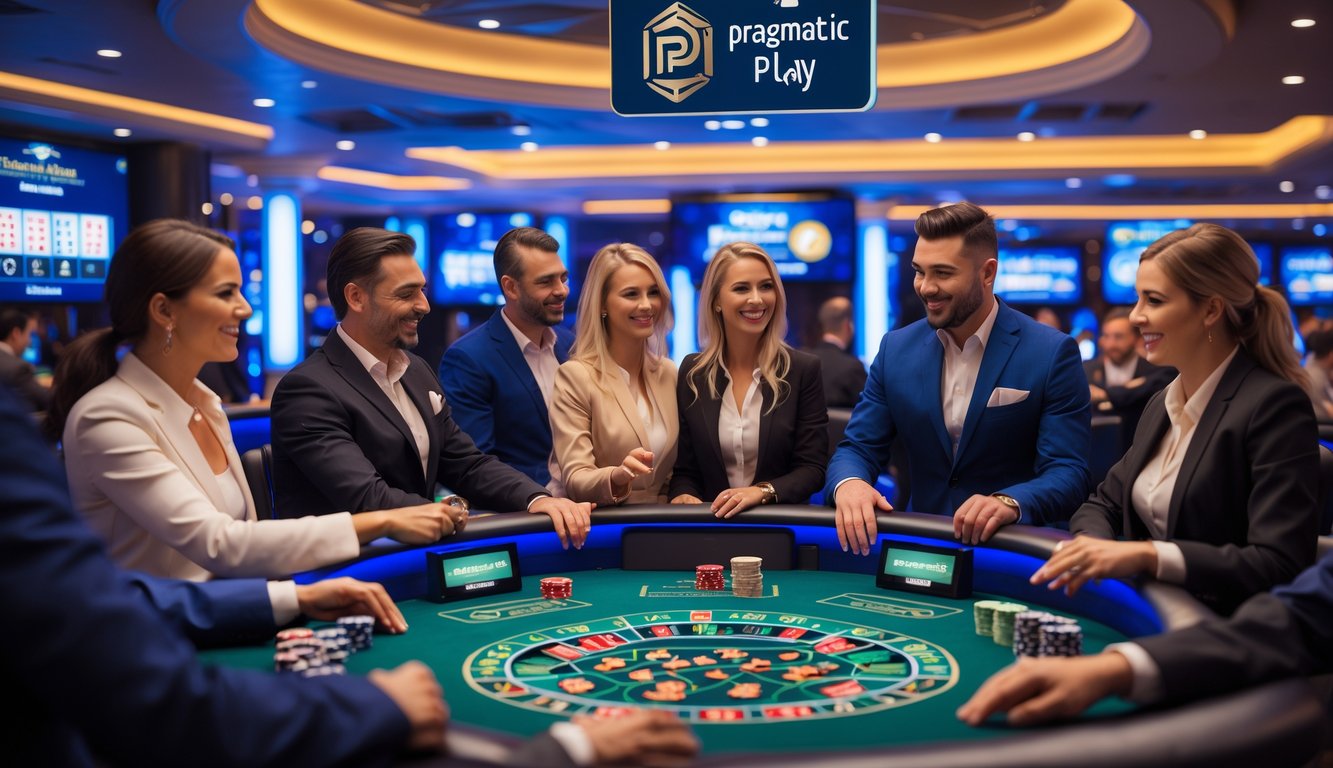 Suasana kasino langsung dengan pemain dan dealer yang sedang bermain di meja permainan kasino.