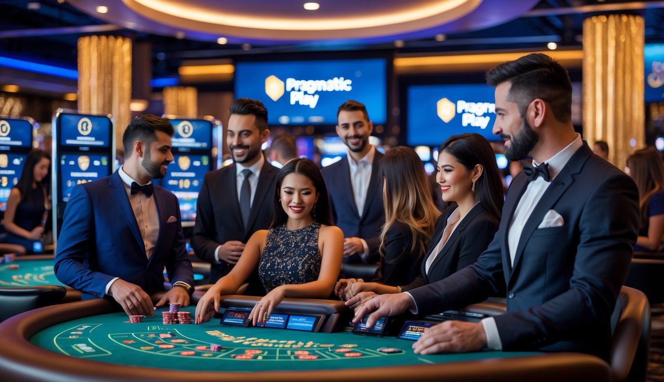 Sekelompok orang bermain di kasino langsung dengan dealer dan suasana yang hangat dan modern.