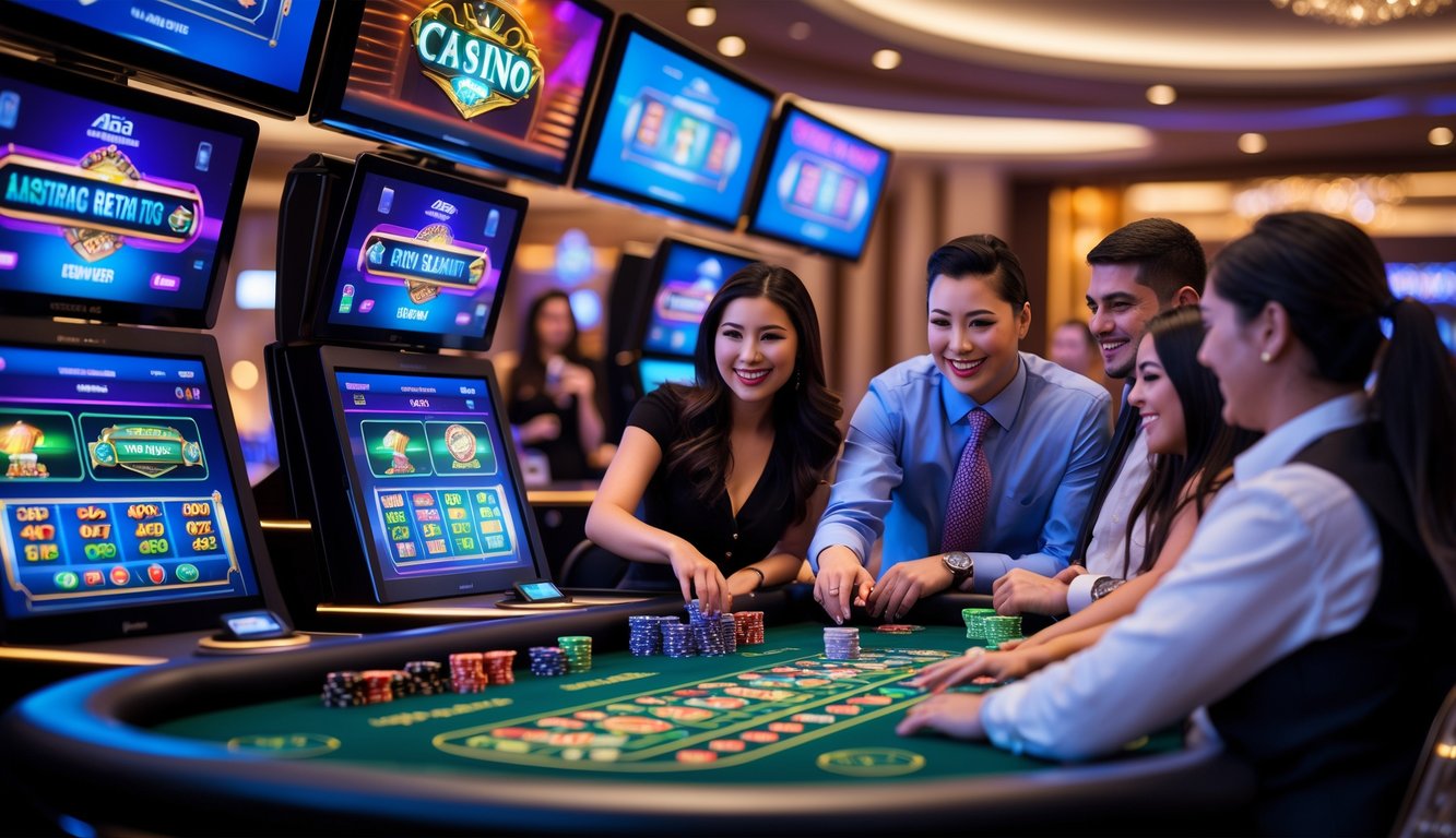 Suasana kasino langsung dengan meja permainan modern, pemain dan dealer yang berinteraksi, serta layar digital yang menampilkan permainan kasino.