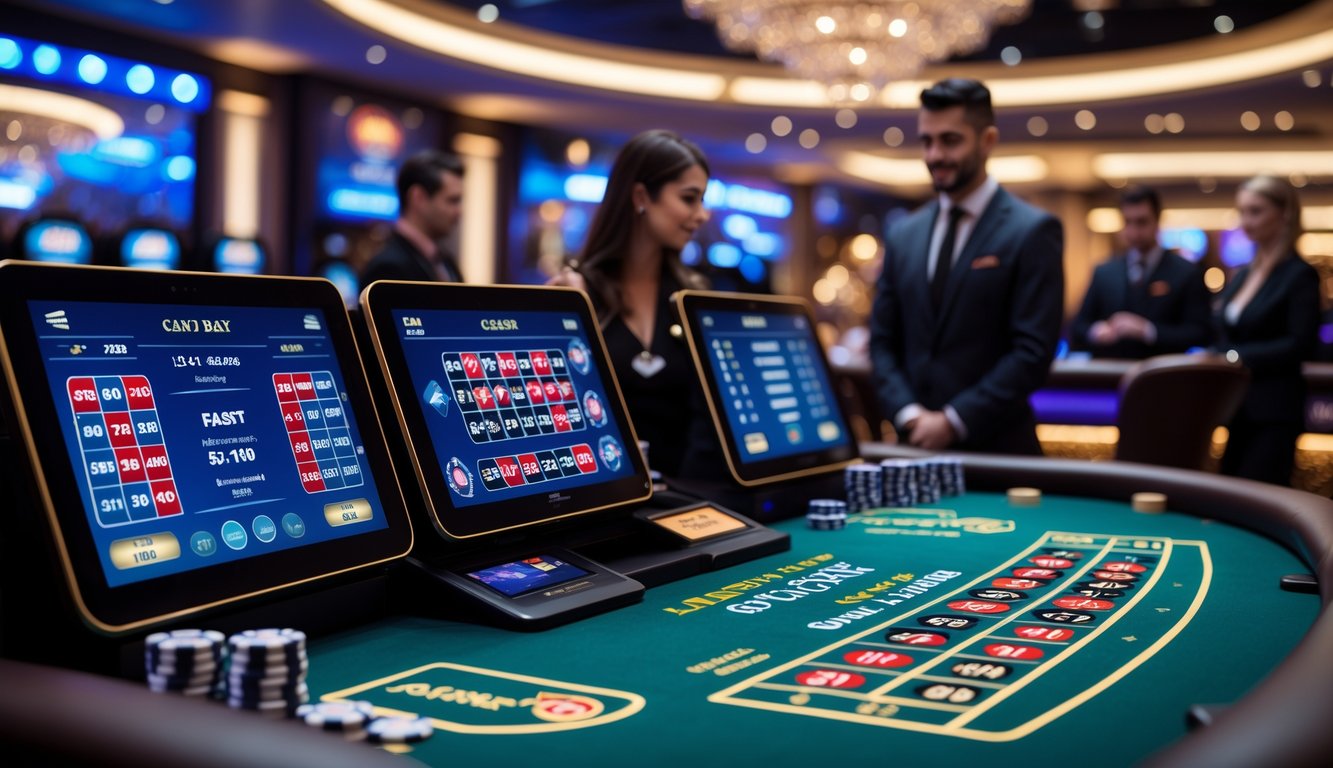 Suasana kasino langsung dengan meja permainan, dealer, dan pemain yang sedang bermain dengan pencahayaan modern dan suasana profesional.