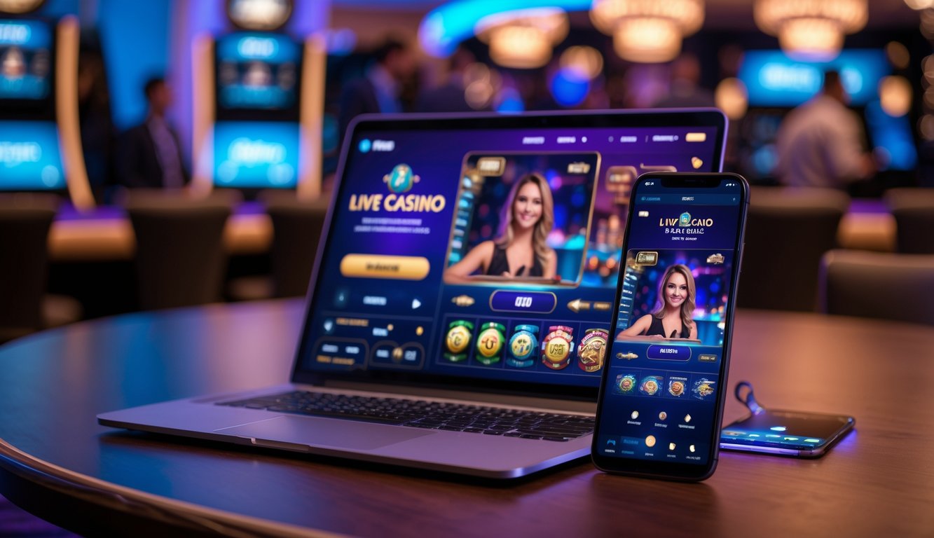 Seorang pengguna menikmati permainan kasino langsung Pragmatic Play di laptop dan ponsel di atas meja kayu dengan latar belakang suasana kasino yang nyaman.