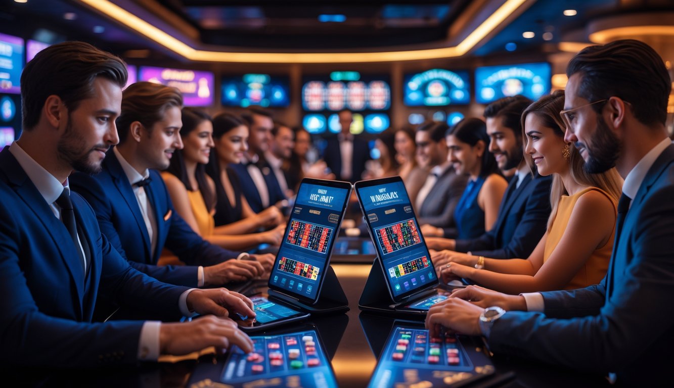 Beberapa pemain menggunakan perangkat mobile dan komputer di kasino dengan suasana modern dan layar permainan langsung.