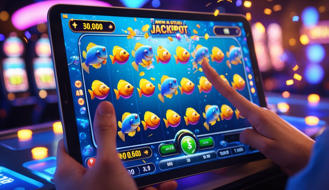 Seseorang bermain game tembak ikan di perangkat digital dengan animasi ikan berwarna-warni dan ikon jackpot yang menyala.