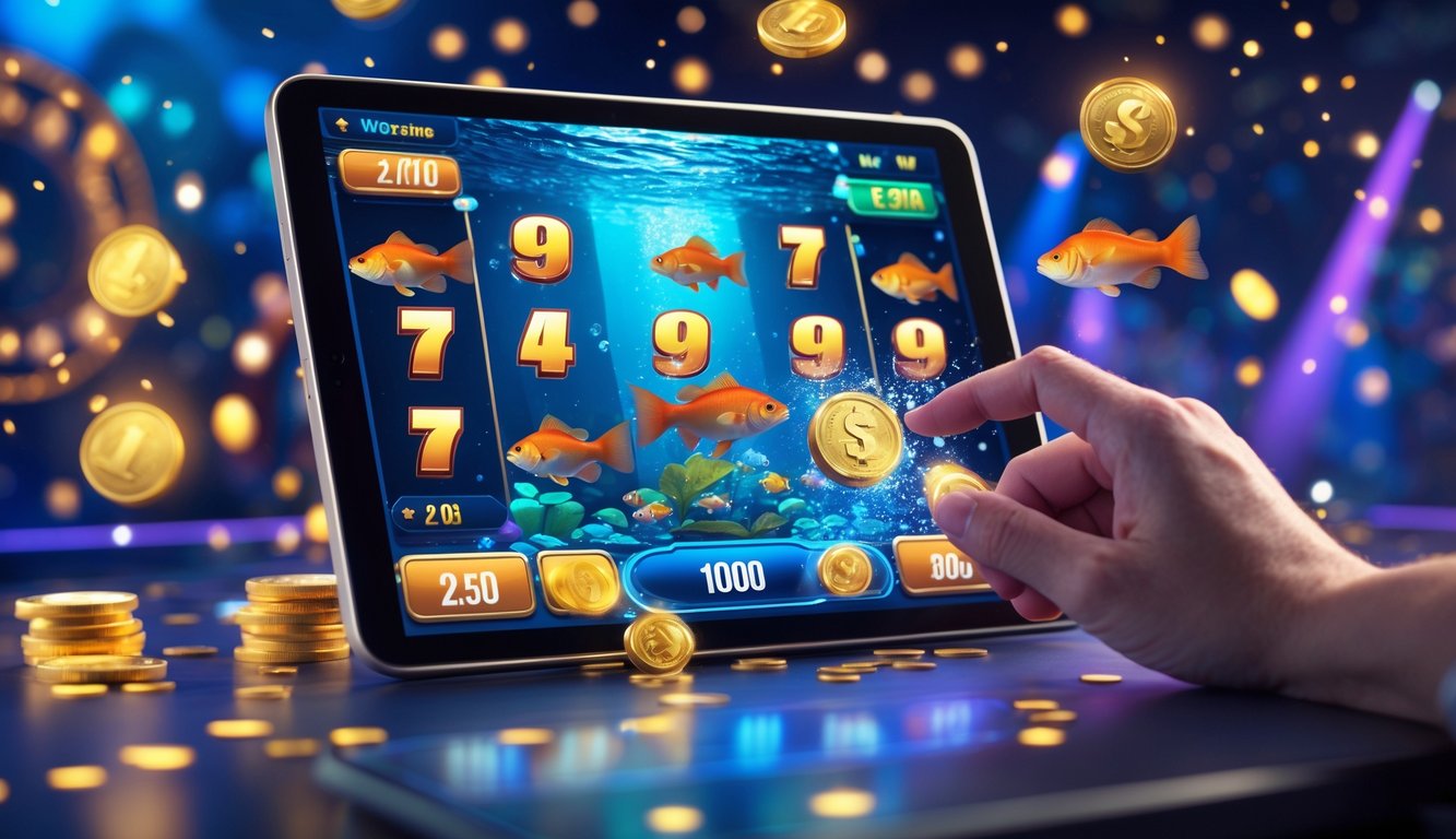 Seseorang menggunakan tablet untuk bermain permainan tembak ikan dengan ikan berwarna-warni dan angka jackpot yang terlihat di layar.