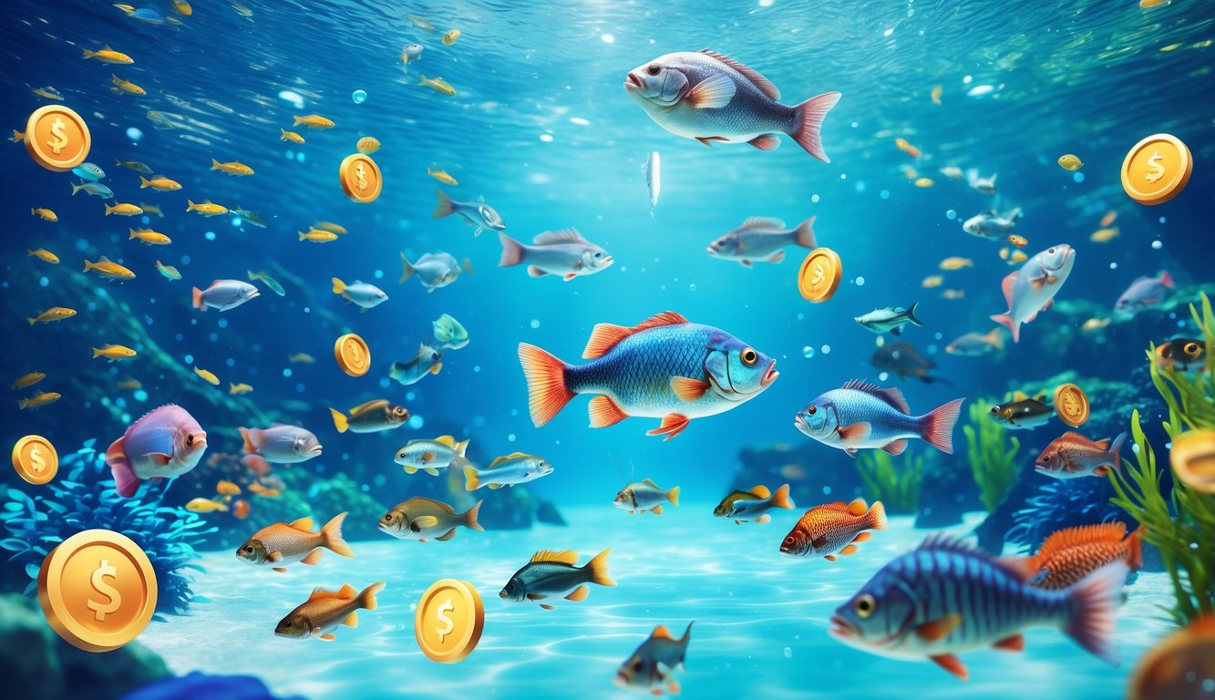 Adegan bawah laut dengan berbagai ikan berwarna-warni dan elemen permainan digital yang menunjukkan permainan tembak ikan online yang ramai dan menarik.