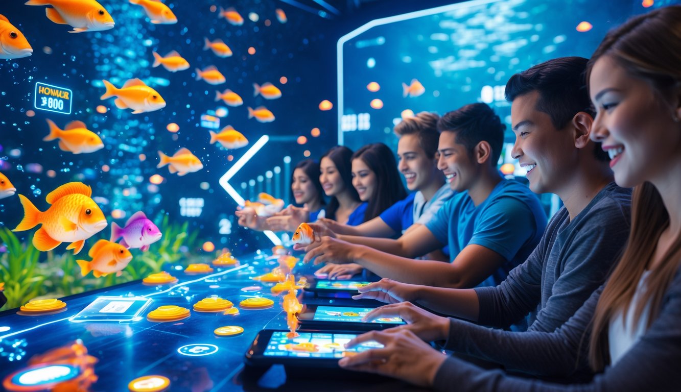 Beberapa orang sedang bermain game tembak ikan online dengan latar bawah laut berwarna-warni dan ikan-ikan yang berenang di layar perangkat mereka.