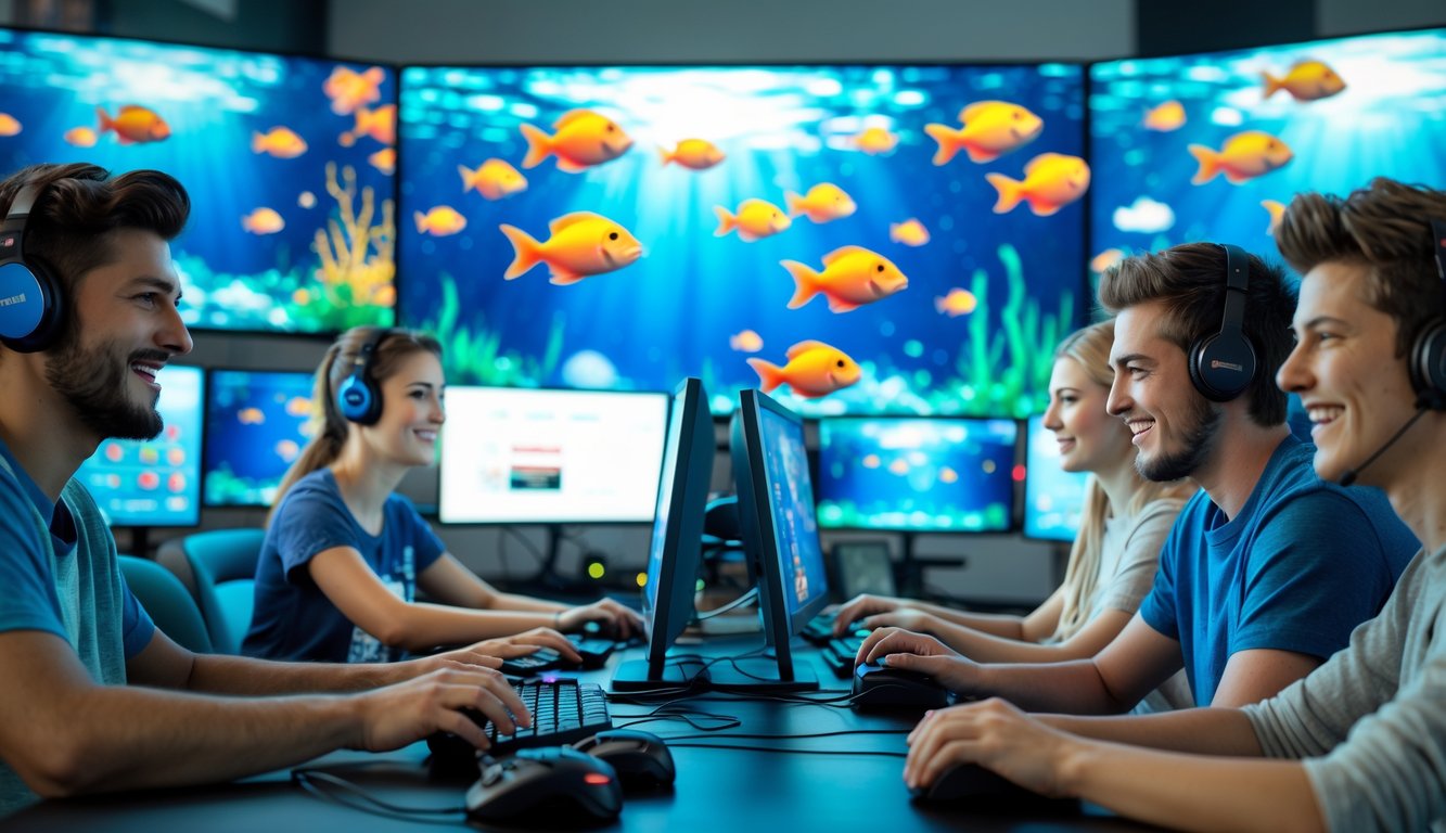 Sekelompok orang muda sedang bermain permainan tembak ikan di komputer dan ponsel di sebuah ruangan modern yang terang.