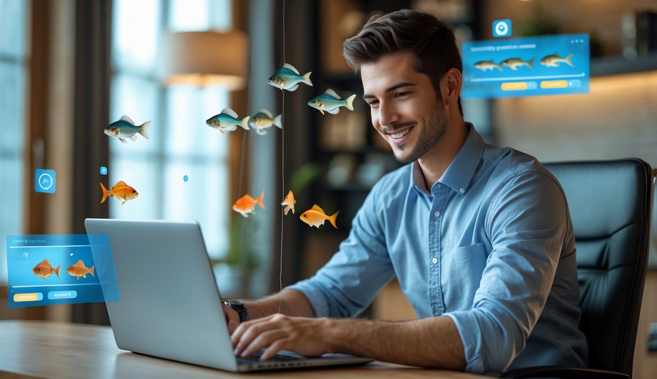 Seorang pria muda duduk di meja dengan laptop, sedang bermain permainan tembak ikan online di ruangan yang nyaman dan terang.