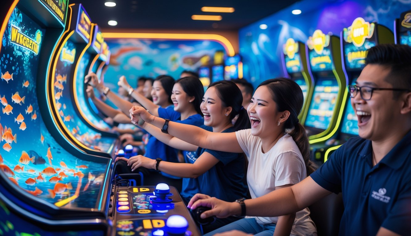 Orang-orang bermain mesin judi tembak ikan di dalam arcade yang ramai dan penuh warna, dengan ekspresi senang dan fokus.