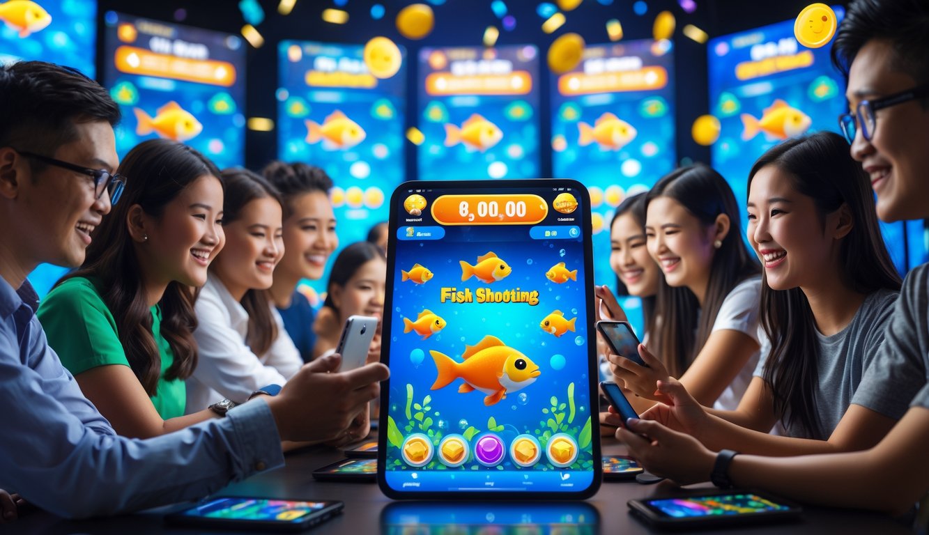Sekelompok orang bermain game tembak ikan di perangkat digital dengan latar bawah laut dan simbol jackpot yang menyala.