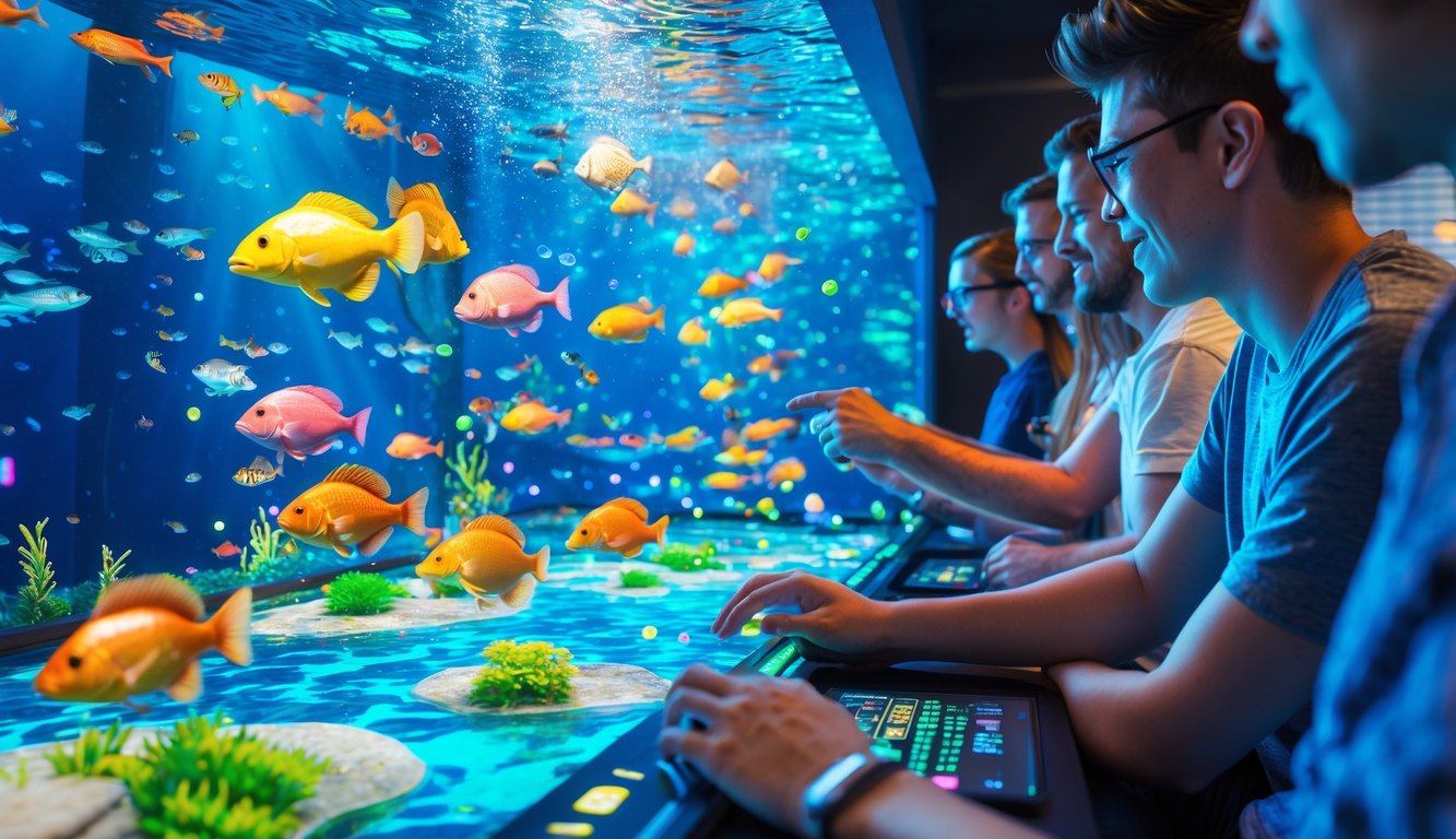 Suasana permainan tembak ikan online dengan banyak pemain aktif di lingkungan bawah laut yang penuh warna.