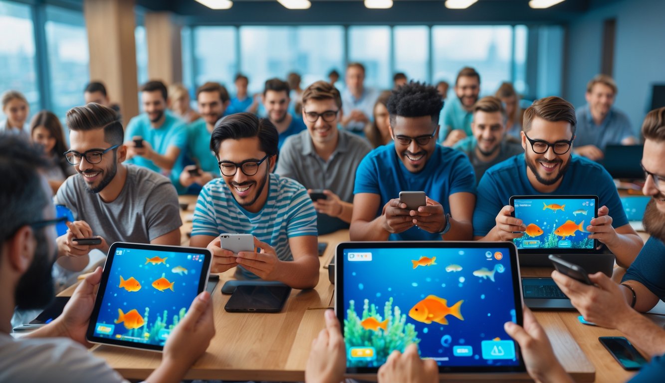 Sekelompok orang yang sedang bermain game tembak ikan secara online menggunakan berbagai perangkat digital di sebuah ruangan modern.