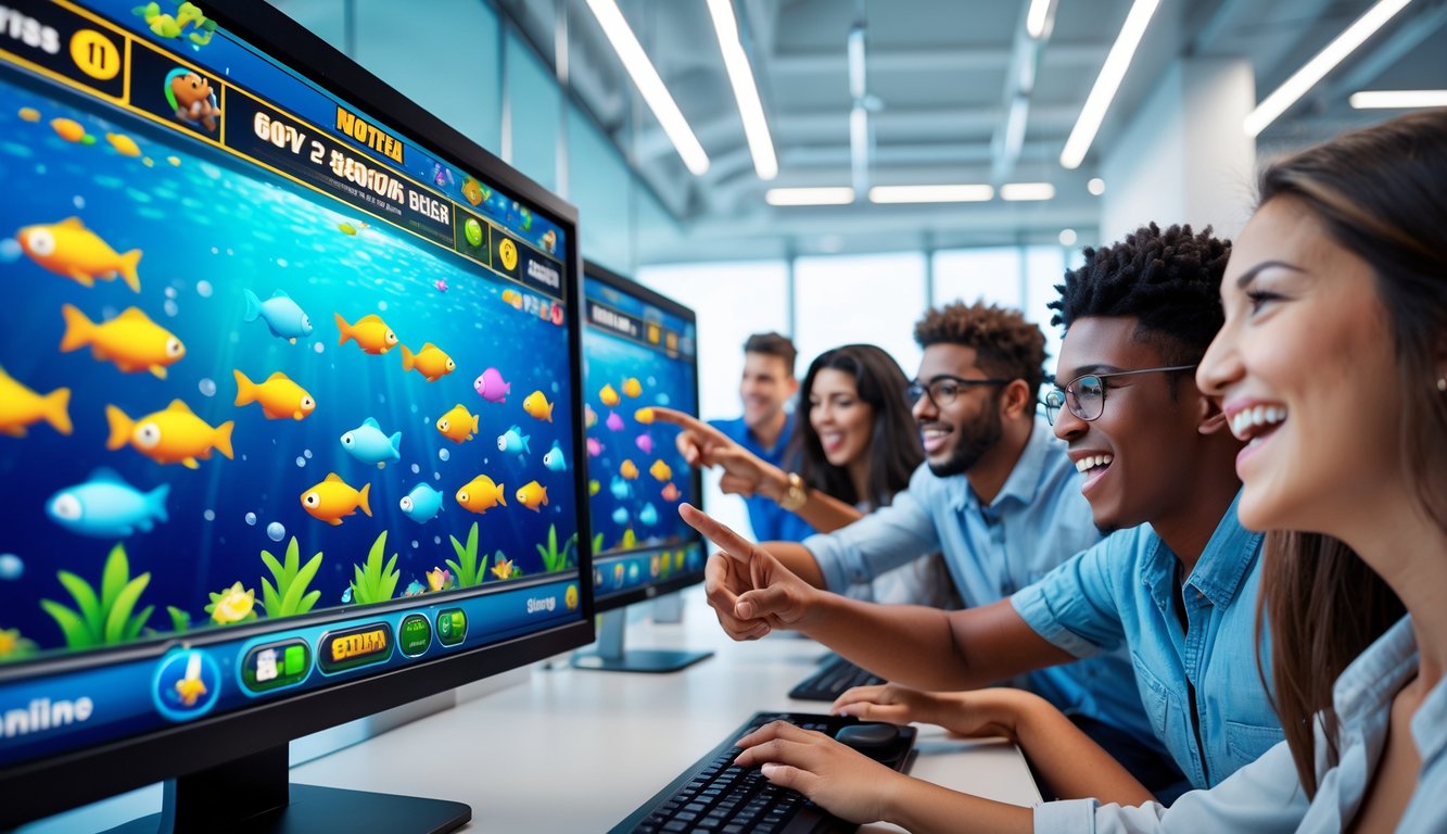 Orang-orang muda sedang bermain game tembak ikan di komputer dengan suasana ramai dan penuh semangat.