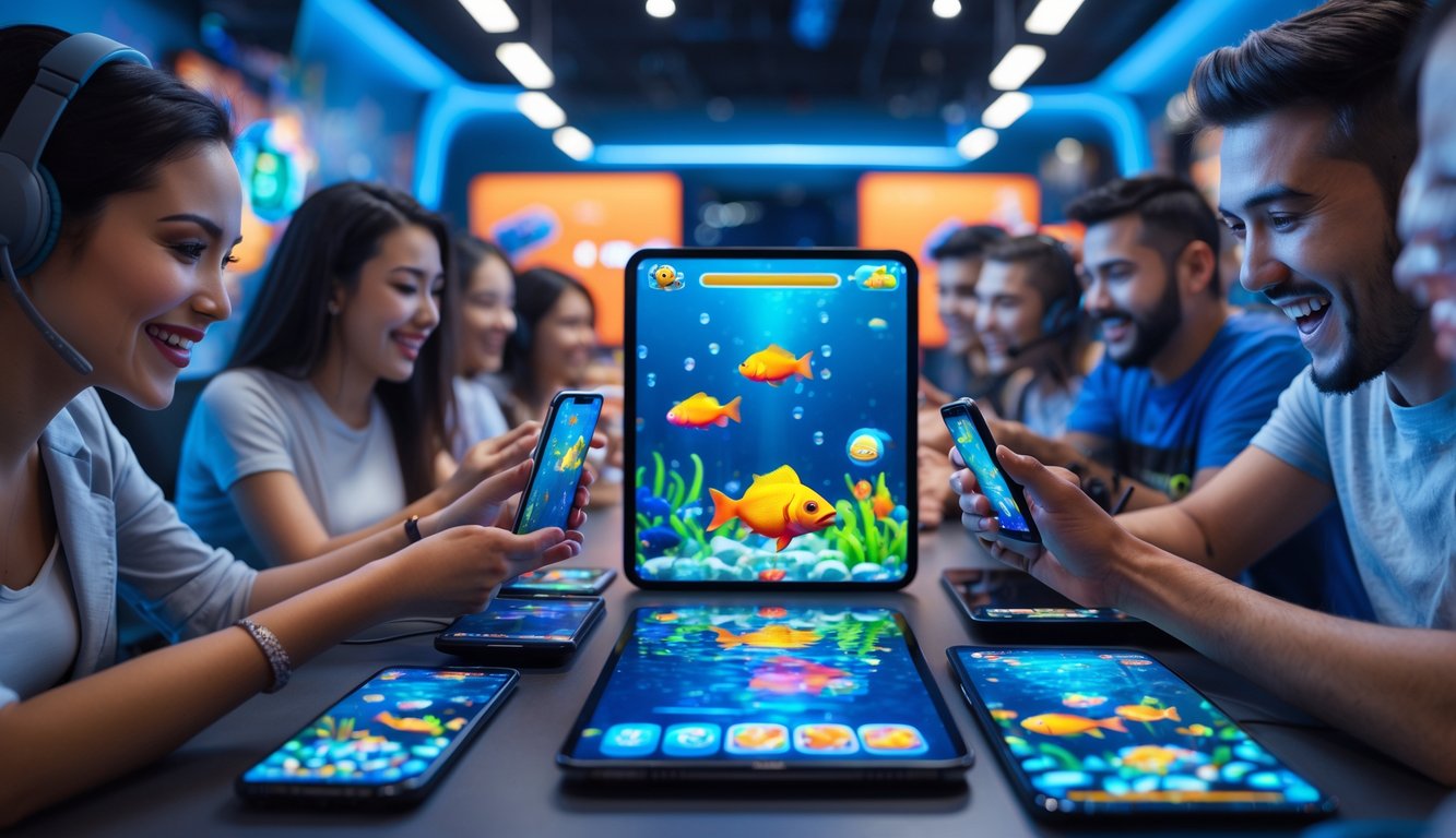 Beberapa orang bermain game tembak ikan di perangkat digital dalam ruangan dengan pencahayaan biru dan dekorasi bertema bawah laut.