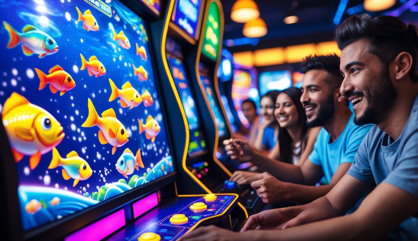 Orang-orang sedang bermain permainan tembak ikan dengan mesin game digital berwarna-warni di ruang arcade yang ramai.