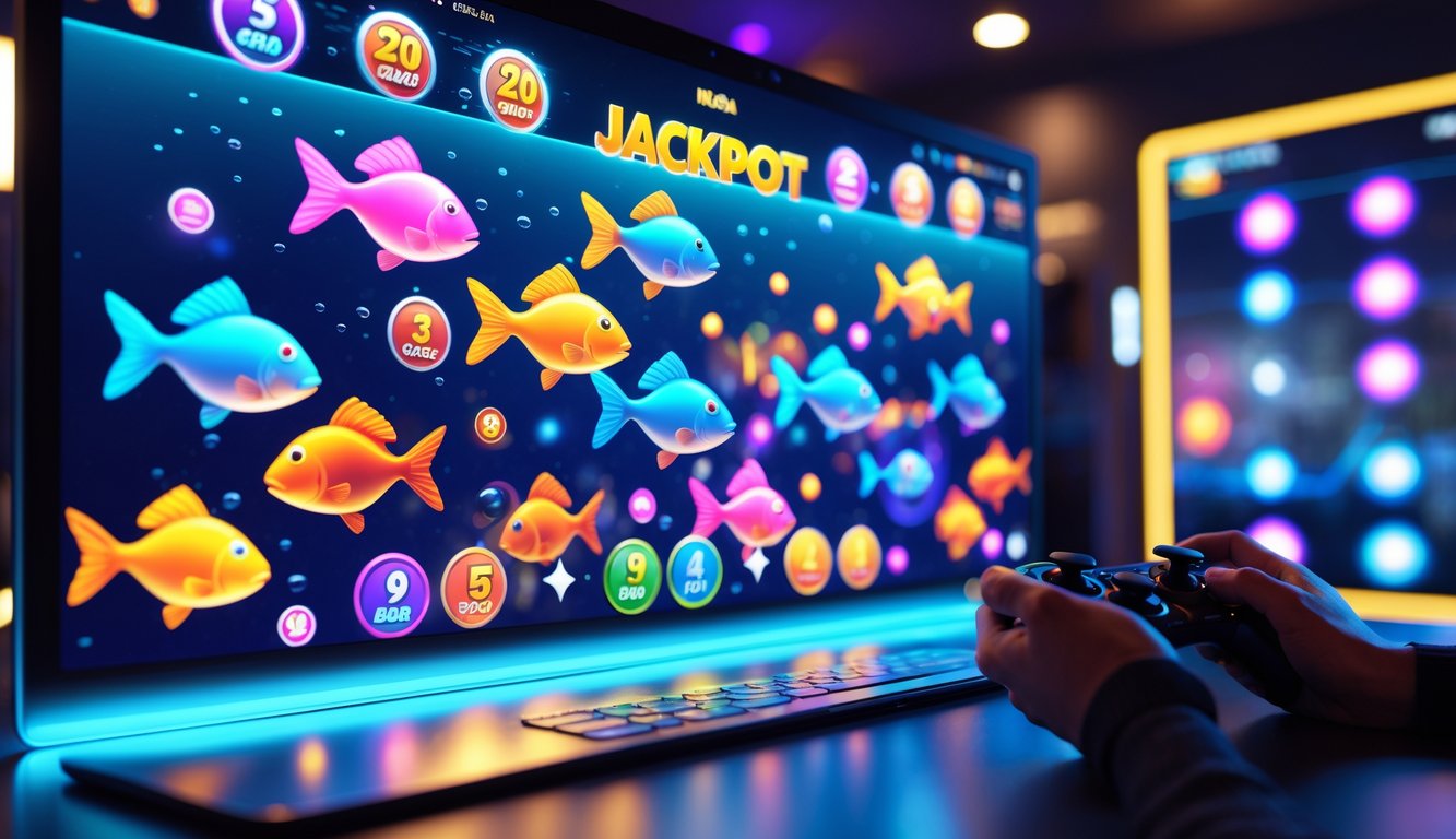 Tampilan layar permainan judi tembak ikan dengan ikan berwarna-warni dan ikon jackpot, di ruang permainan dengan tangan yang sedang mengoperasikan perangkat game.