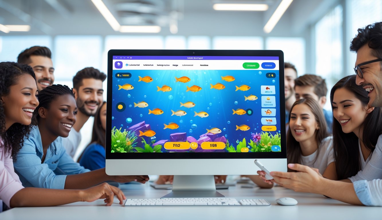 Orang-orang muda bermain permainan tembak ikan online di komputer dengan latar kantor yang cerah dan ramai.