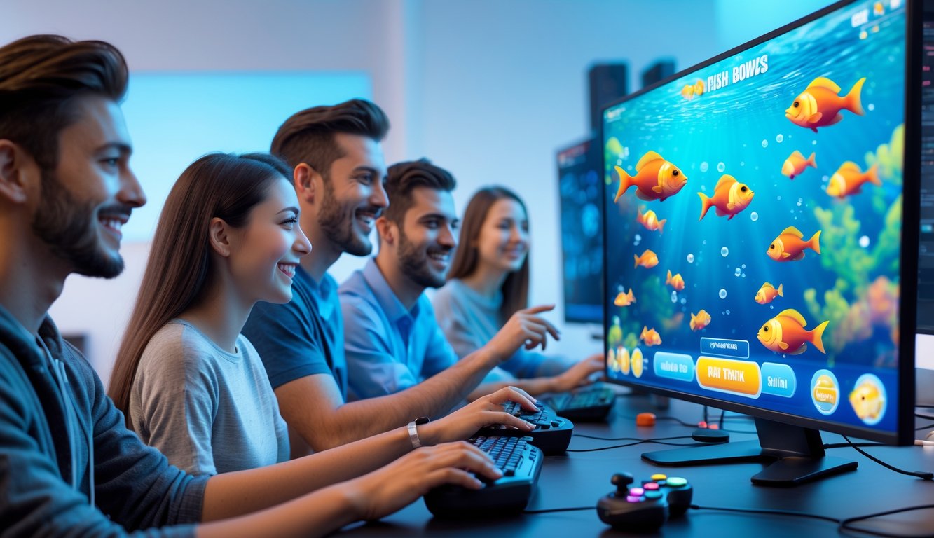 Beberapa orang muda sedang bermain game tembak ikan online di sebuah ruangan dengan layar komputer besar yang menampilkan ikan warna-warni dalam suasana bawah laut.