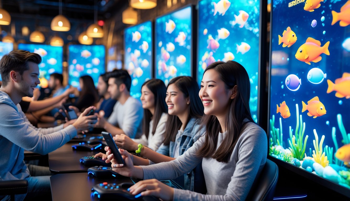 Beberapa orang muda sedang bermain permainan tembak ikan di layar digital dalam suasana yang ceria dan nyaman.