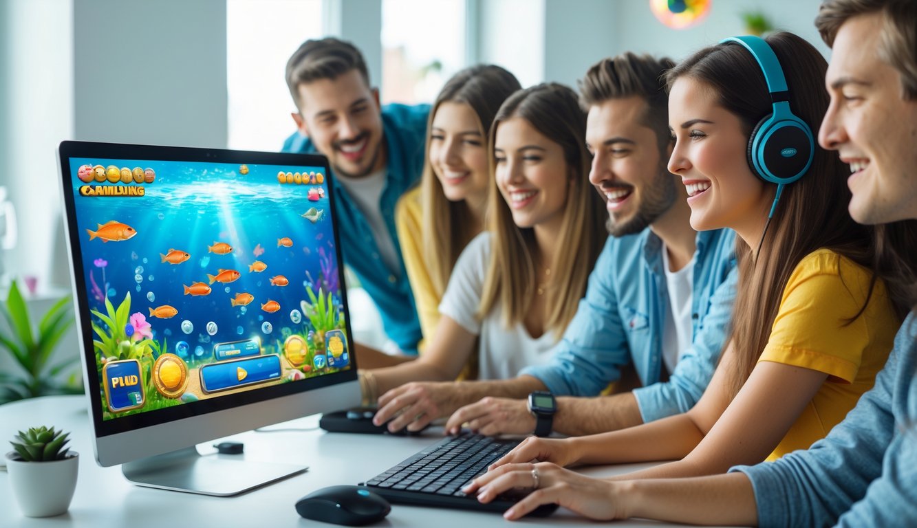 Sekelompok orang muda sedang bermain permainan tembak ikan online di depan komputer dalam ruangan yang terang dan modern.