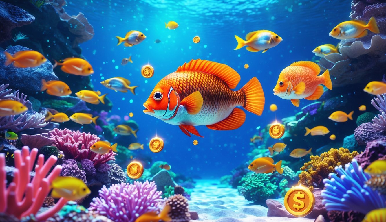 Pemandangan bawah laut yang penuh ikan warna-warni dengan elemen permainan tembak ikan dan peti harta karun sebagai simbol jackpot tinggi.