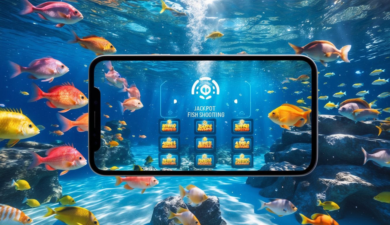 Pemandangan bawah laut dengan ikan berwarna-warni yang berenang aktif dan antarmuka permainan digital modern yang menampilkan grafik dan ikon jackpot.