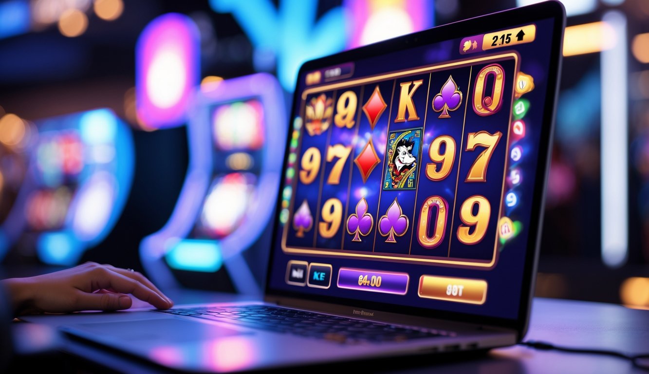 Sebuah layar komputer menampilkan permainan slot online dengan tema joker, dikelilingi oleh suasana kasino modern.