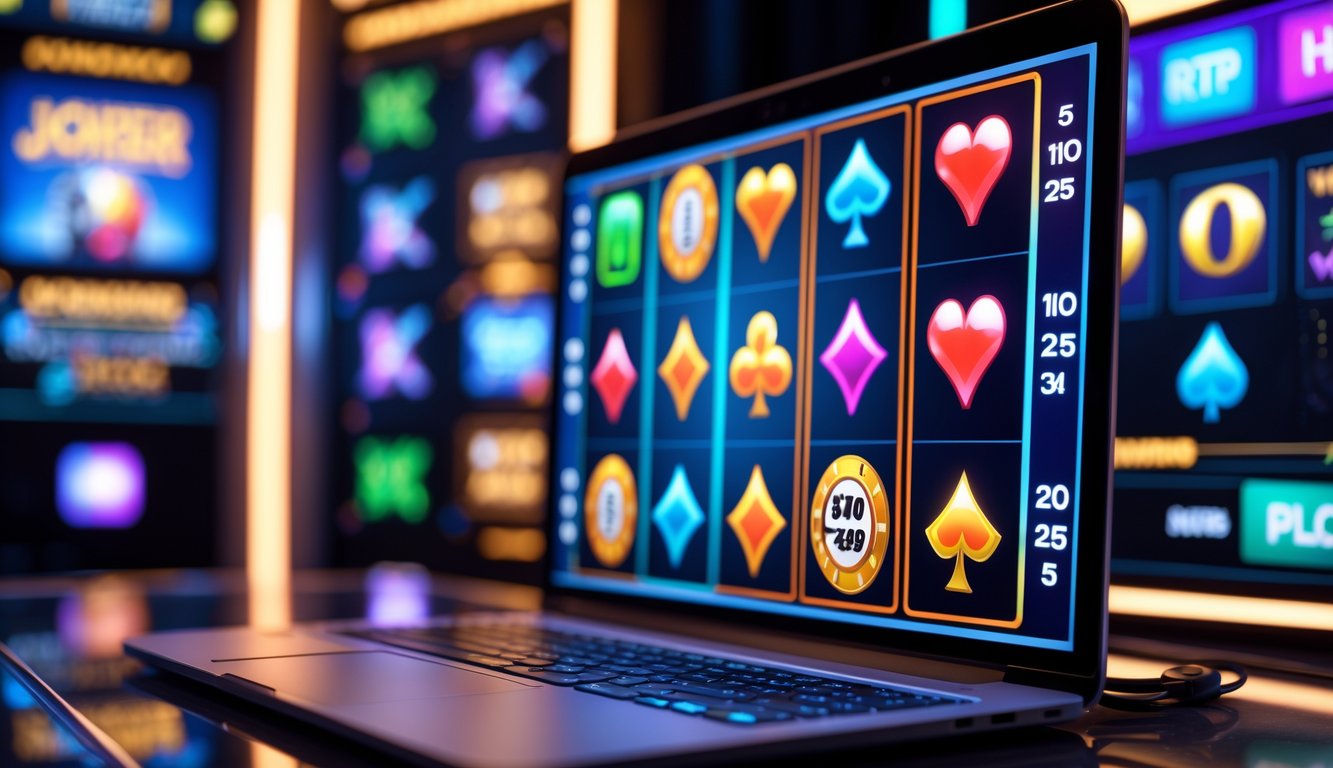 Layar komputer menampilkan mesin slot online dengan simbol joker dan koin emas di lingkungan permainan yang modern dan berwarna-warni.