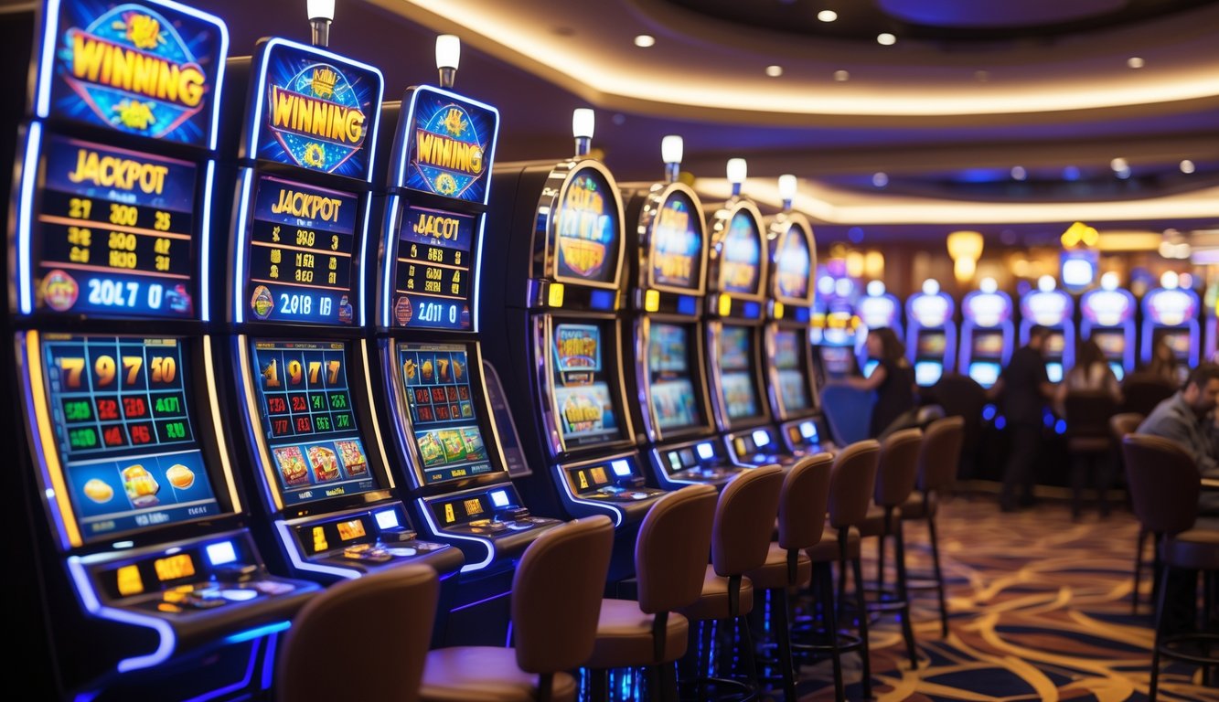 Suasana kasino modern dengan mesin slot berwarna-warni dan lampu menyala, orang-orang terlihat senang bermain dan merayakan kemenangan.