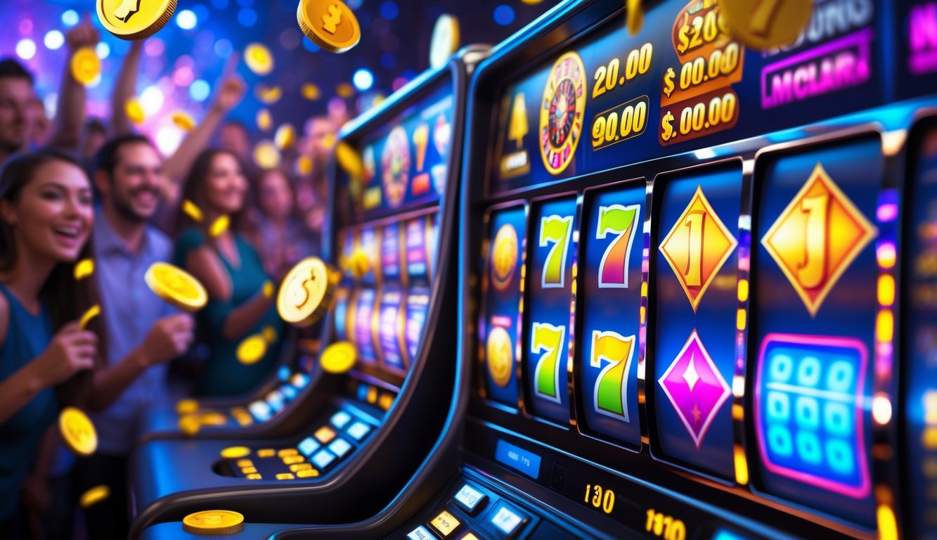 Adegan mesin slot online dengan simbol joker dan koin emas yang bersinar, menampilkan suasana kemenangan dan kegembiraan pemain.