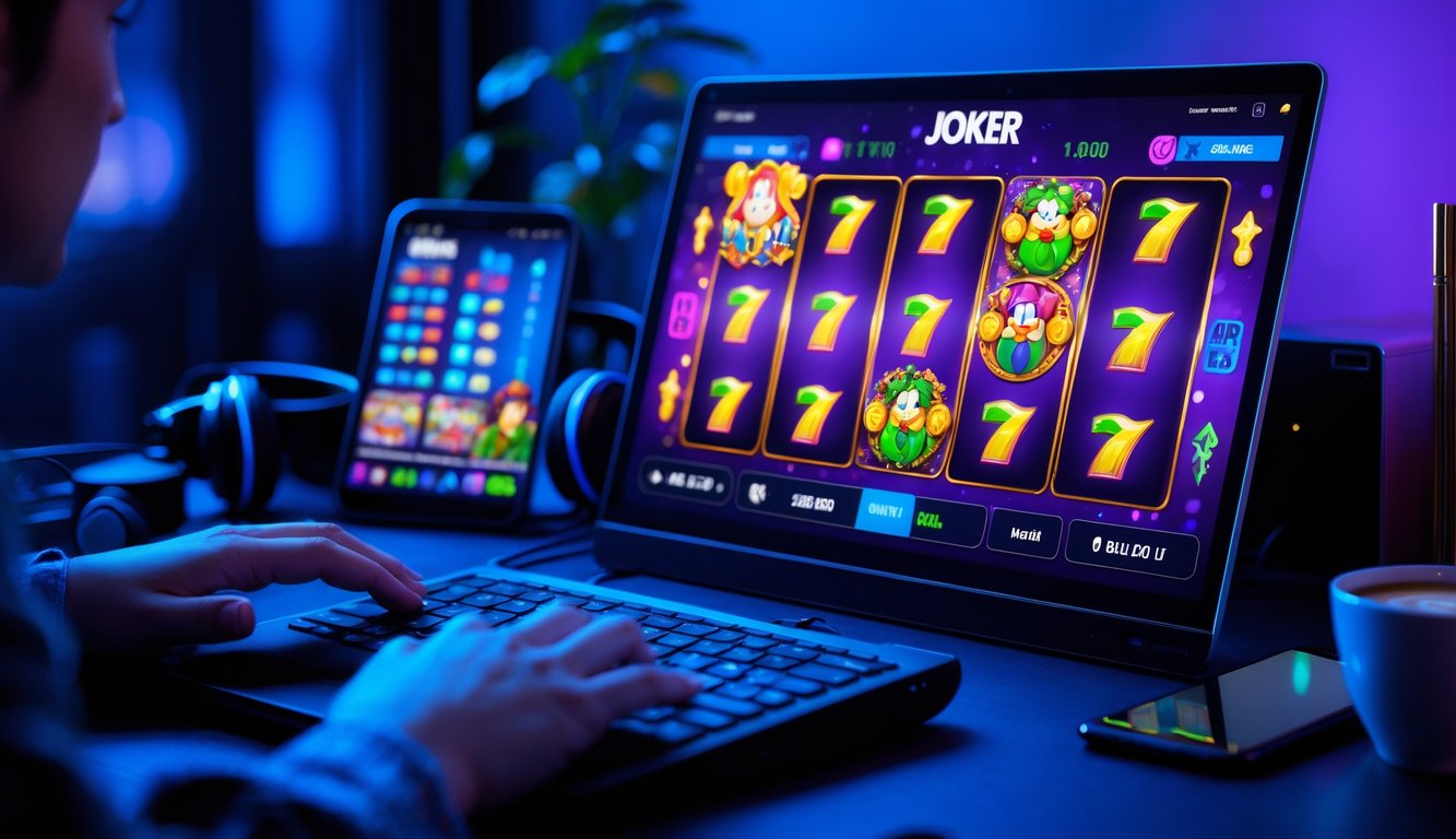 Seorang pemain sedang bermain game slot online Joker di komputer dengan pencahayaan malam yang redup.