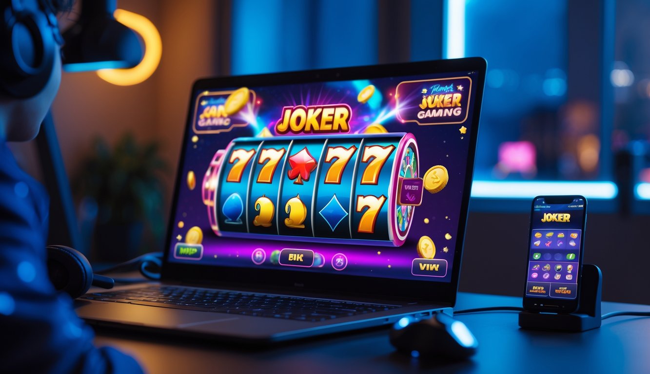 Seorang pemain sedang menggunakan komputer dengan layar menampilkan permainan slot online berwarna-warni di ruangan dengan pencahayaan redup dan suasana malam.