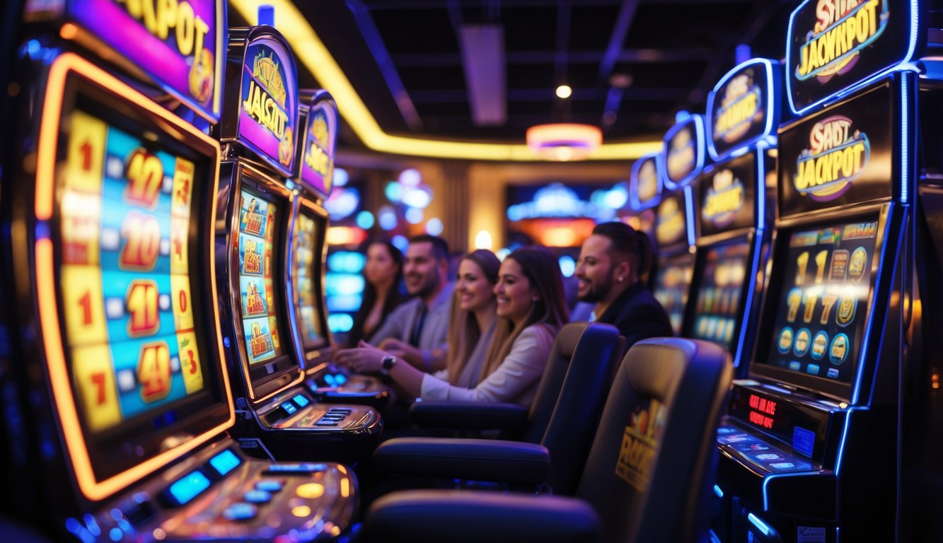 Suasana kasino dengan mesin slot berwarna-warni yang menyala dan orang-orang menikmati permainan dengan ekspresi senang dan fokus.