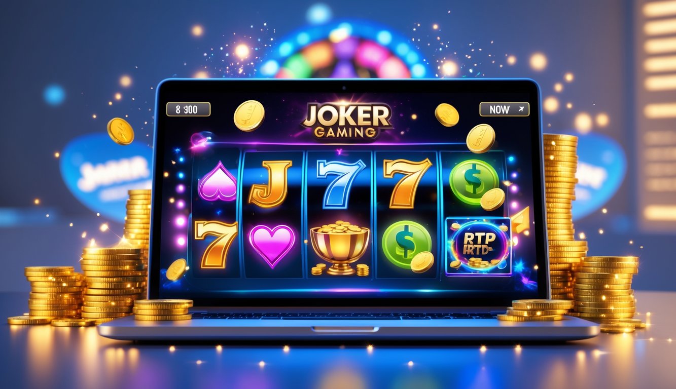 Layar komputer menampilkan permainan slot online Joker Gaming dengan simbol joker dan koin emas, dikelilingi oleh tumpukan koin dan lampu berkilau yang menandakan kemenangan besar.