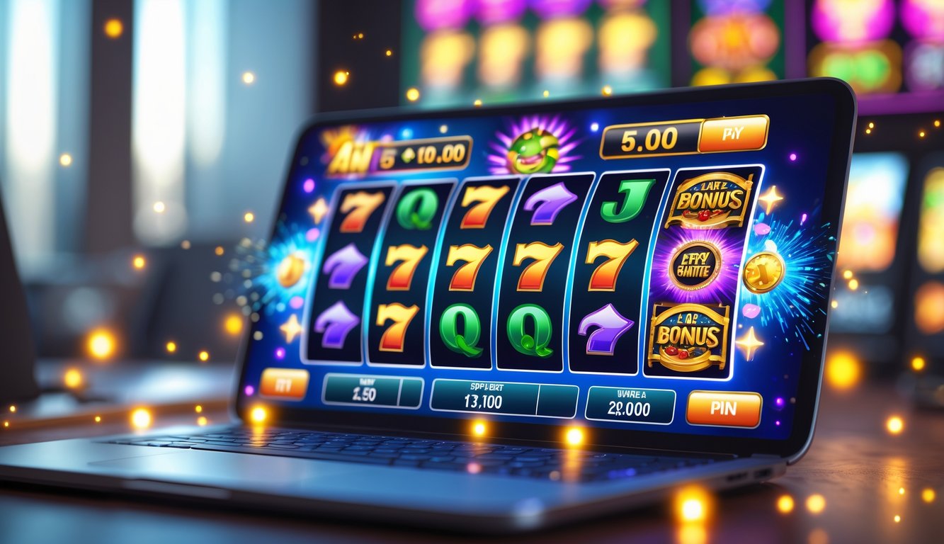 Layar perangkat menampilkan mesin slot digital dengan simbol joker dan efek cahaya yang menunjukkan kemenangan dan bonus melimpah.