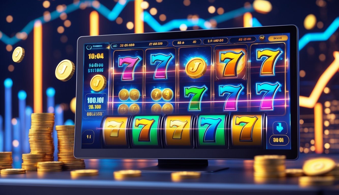 Antarmuka permainan slot online dengan simbol joker, koin emas, dan grafik kemenangan yang menunjukkan suasana kemenangan dan bonus melimpah.