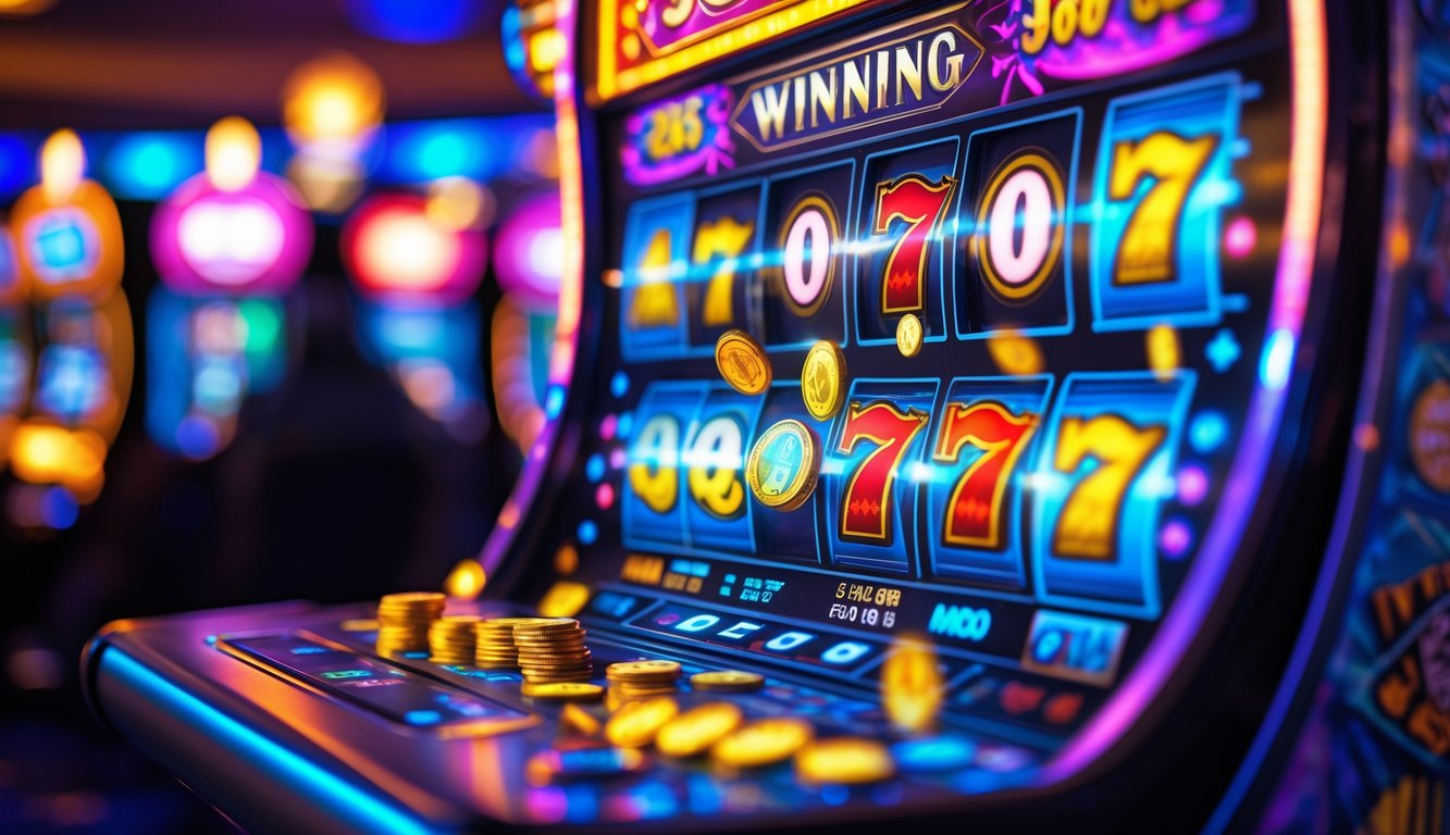 Mesin slot modern dengan tema joker yang menyala dan koin jatuh di sebuah kasino yang ramai.