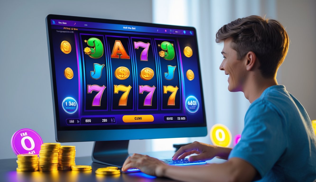 Seorang pemain muda sedang bermain permainan slot online dengan layar komputer yang menampilkan gulungan slot berwarna-warni dan simbol joker.